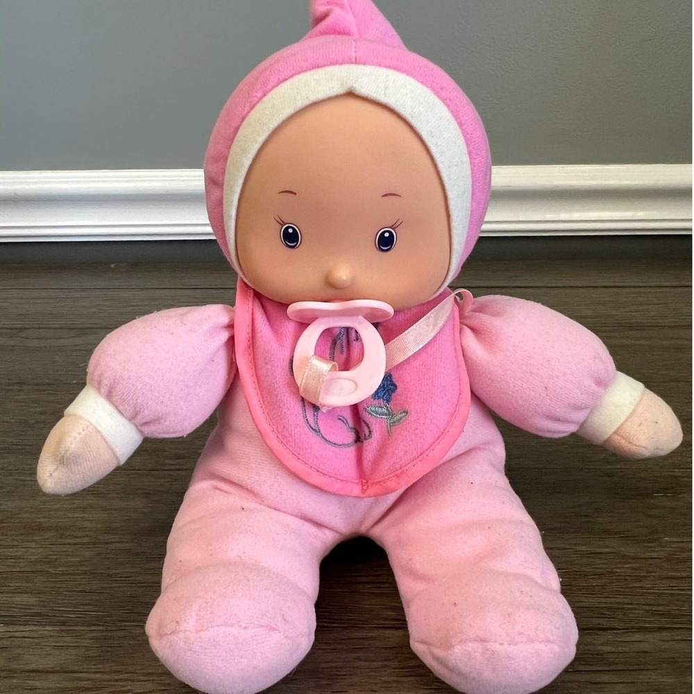 Pink Baby Doll Plush Soft Body Vinyl Face Pacifier Cat Bib Vintage Toy 11 in